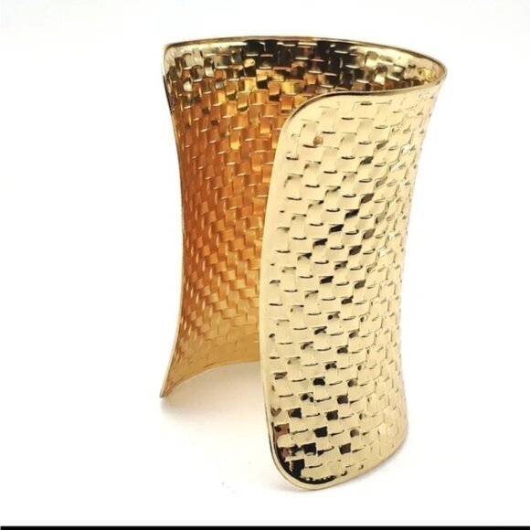 Golden Mosaic Pattern Wide Opening Metal Cuff BangleTibetan Bracelet - Picture 4 of 5